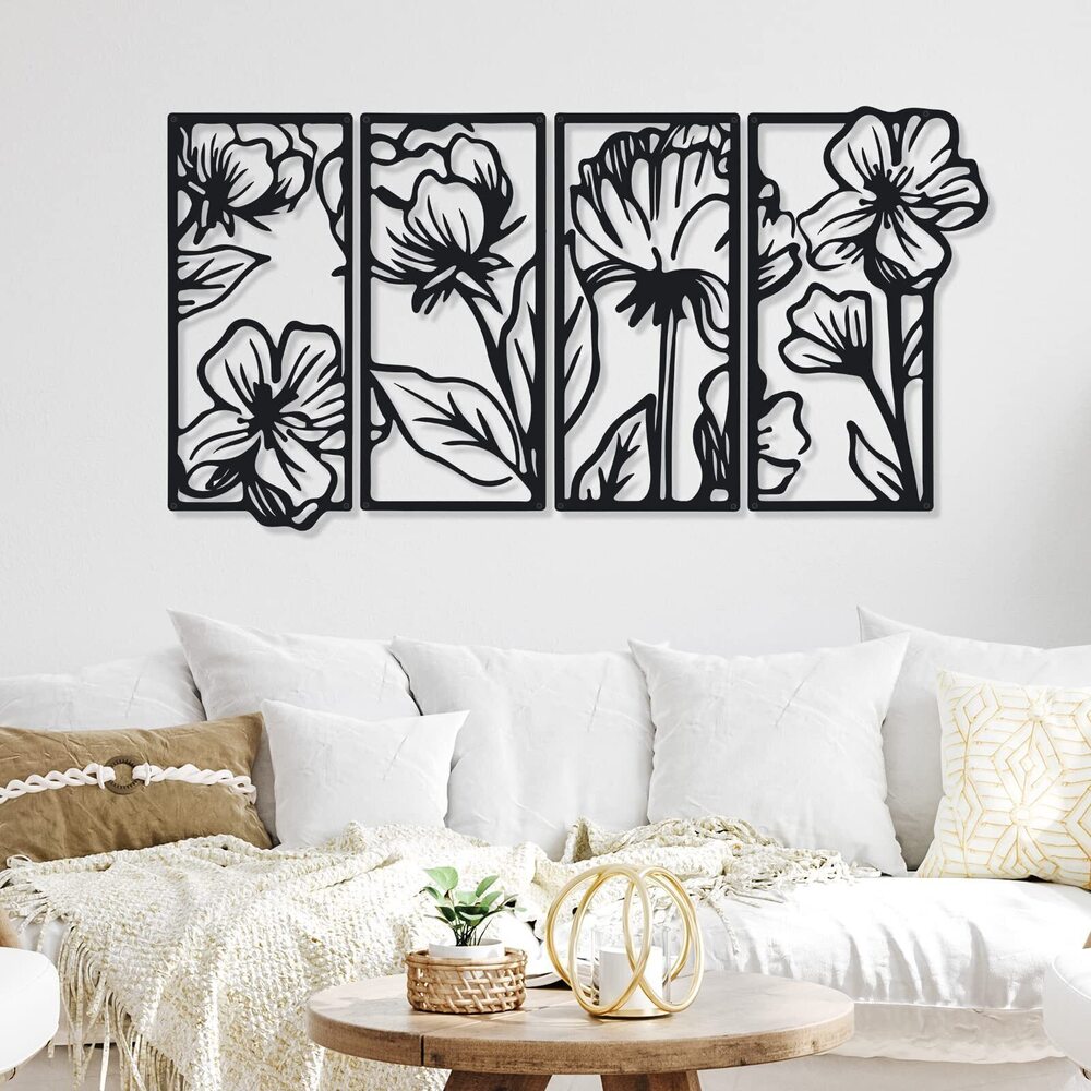 4969 4 Pcs Black Metal Flower Wall Decor Minimalist Art Wall Hanging Living